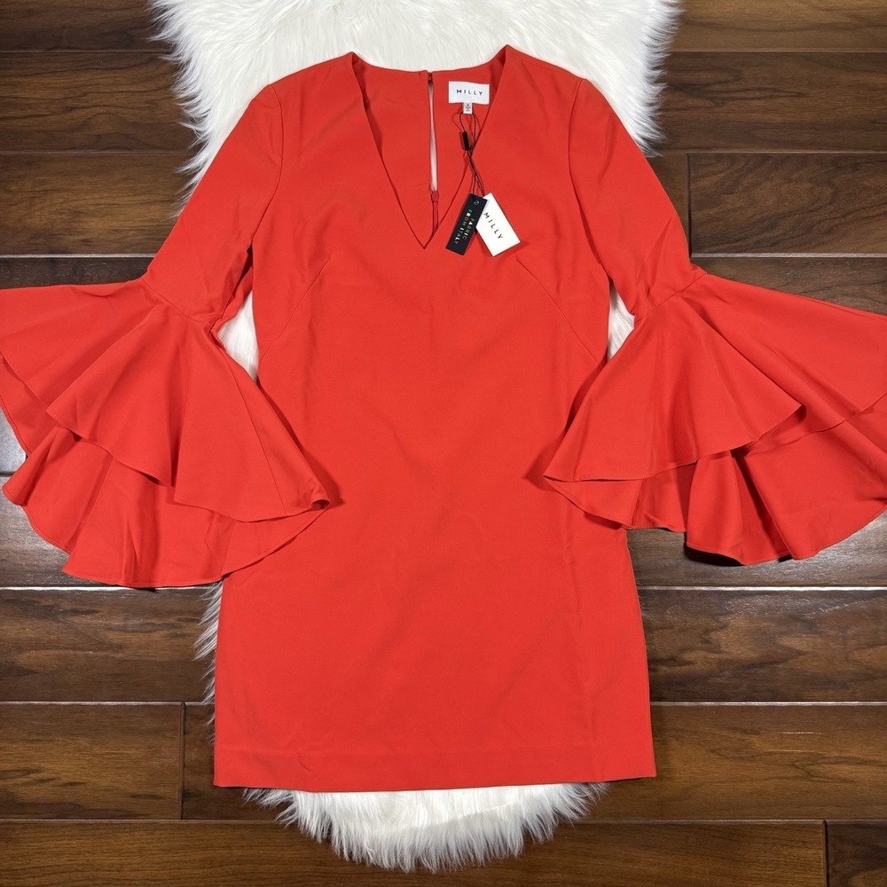Milly Women's Size‎ 2 Flame Orange Bell Sleeve Nicole Shift Dress